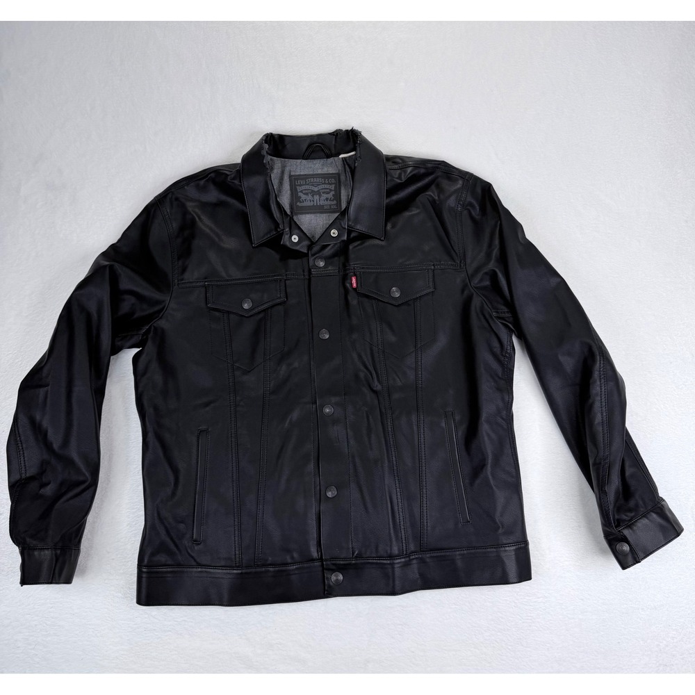 Levis Mens Black Faux Leather‎ Trucker Jacket XXL Button Front